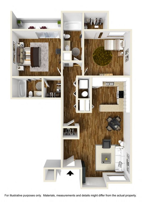 Floor plan for 2 beds, 2 baths, 935 sqft